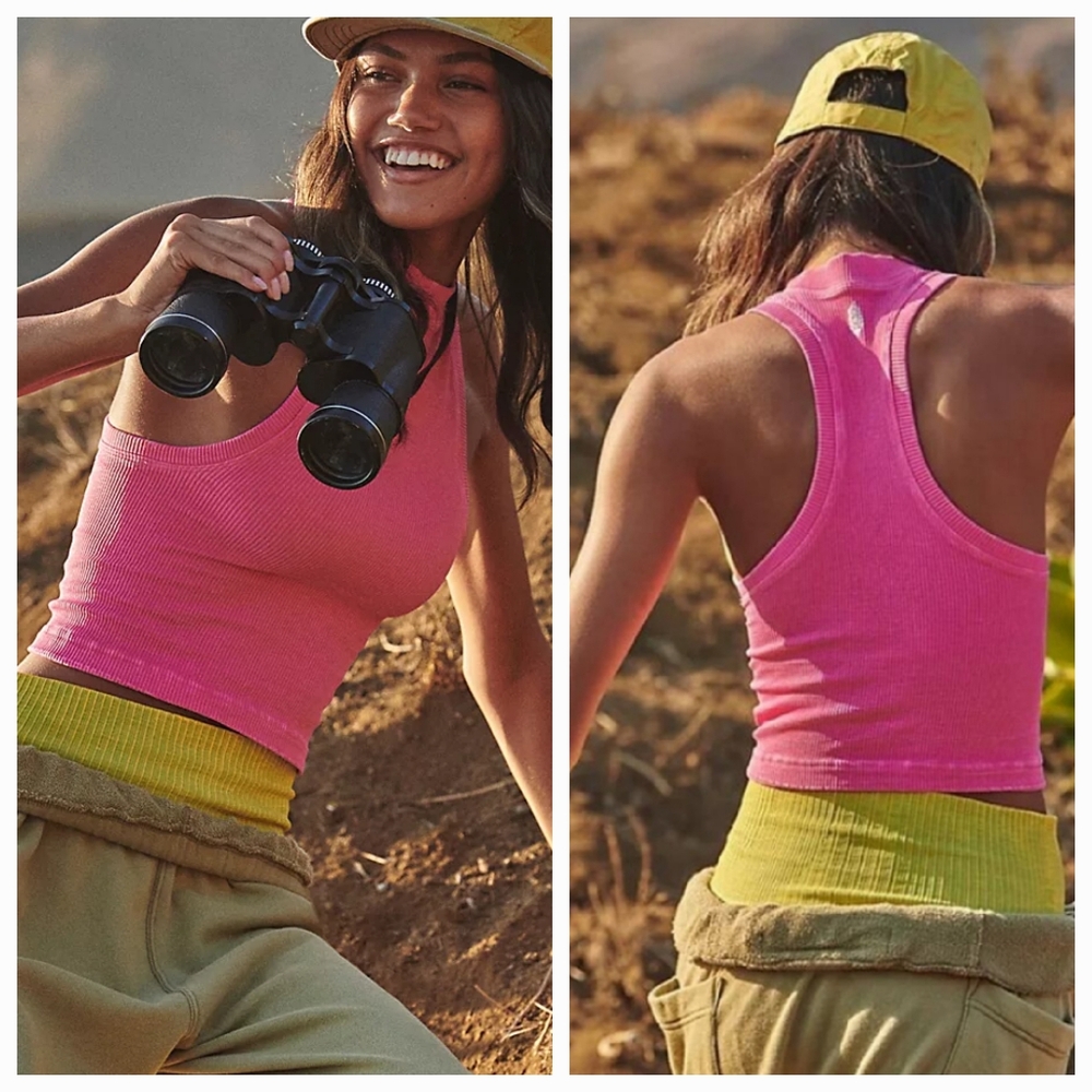Free People Movement Happiness Runs   High Neck Racerback Ribbed Tank Hot Pink